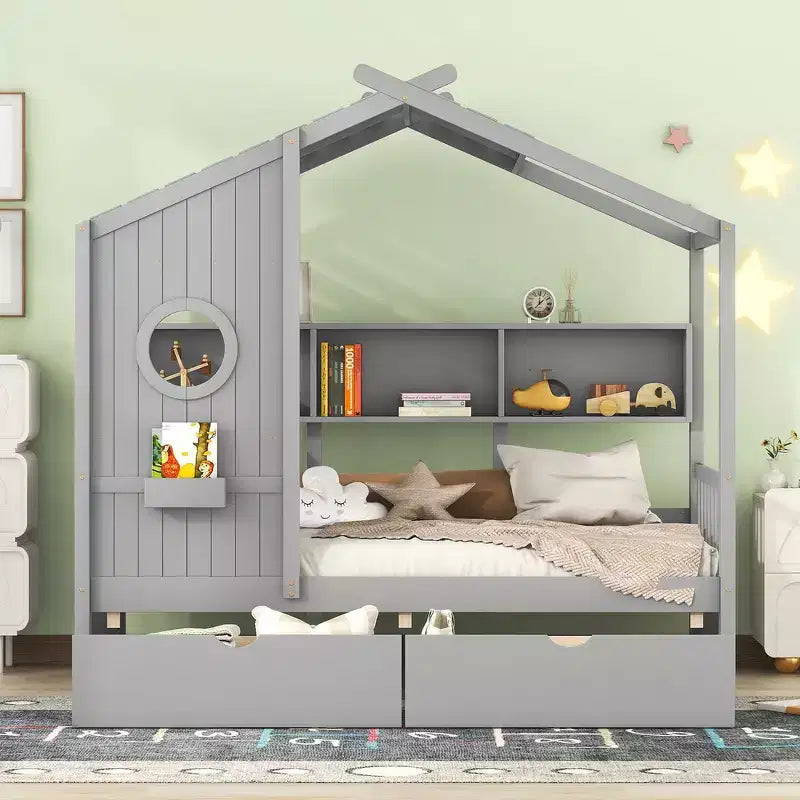 Whisen Hausbett in Einzelgröße für Kinder, Spielhausbett mit 2 Schubladen und Ablage