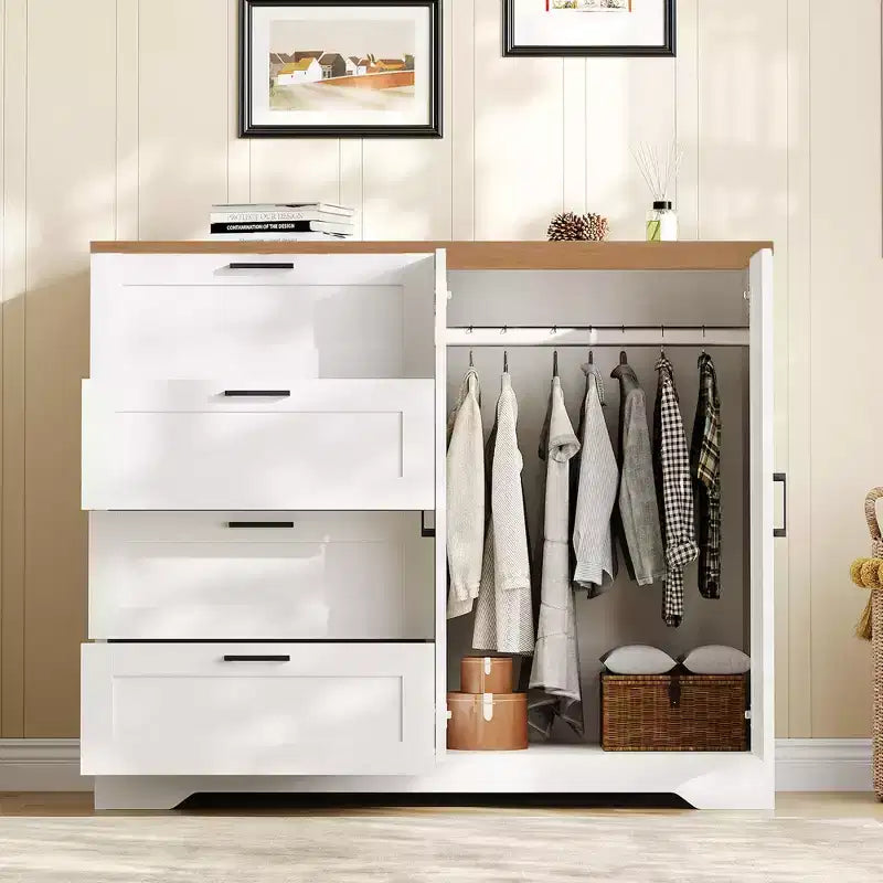 Holzkleiderschrank, 43.3 H hoch, mit 4 Schubladen und Kleiderstange, vielseitiger Kleiderschrank mit Kommode fürs Schlafzimmer