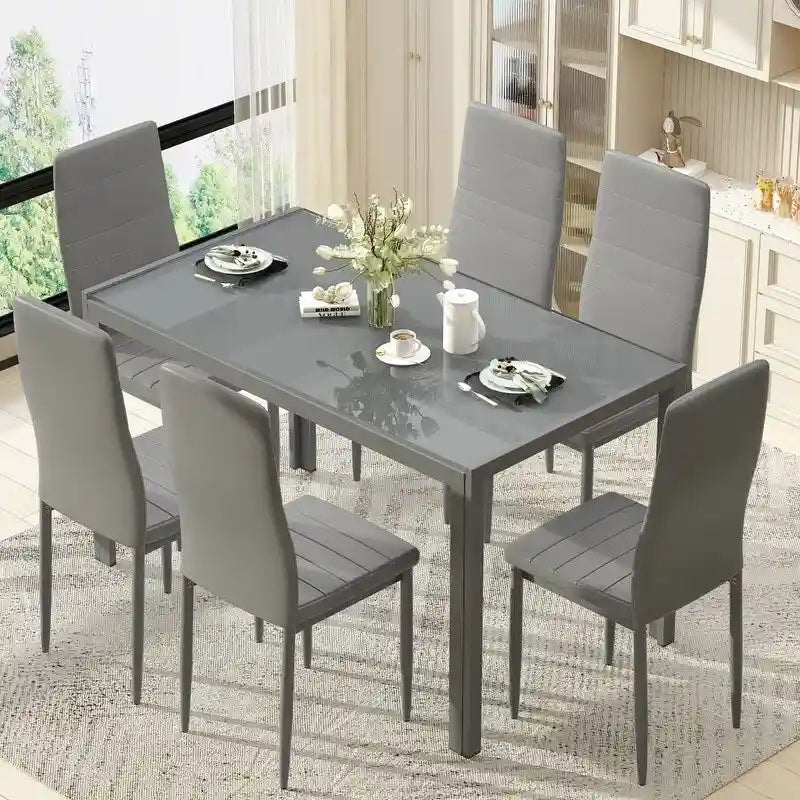 Grondin moderne 7-delige eettafelset met tafelblad van gehard glas en 6 met PU-leer beklede stoelen