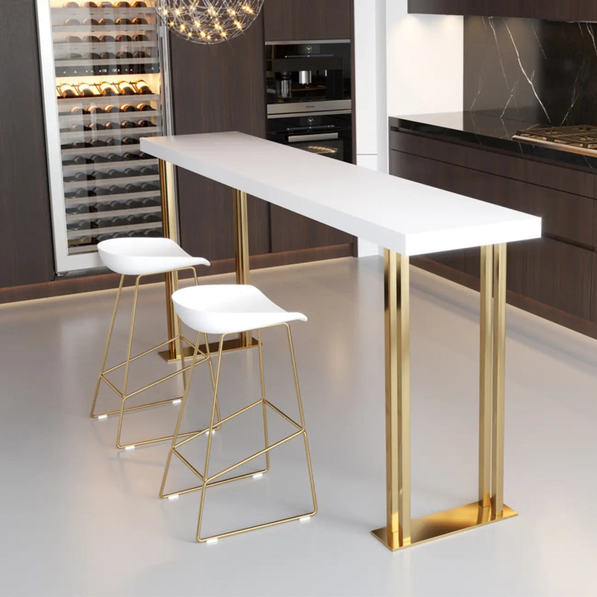 Luxe rechthoekige houten bartafel met gouden sledevoet om aan te dineren