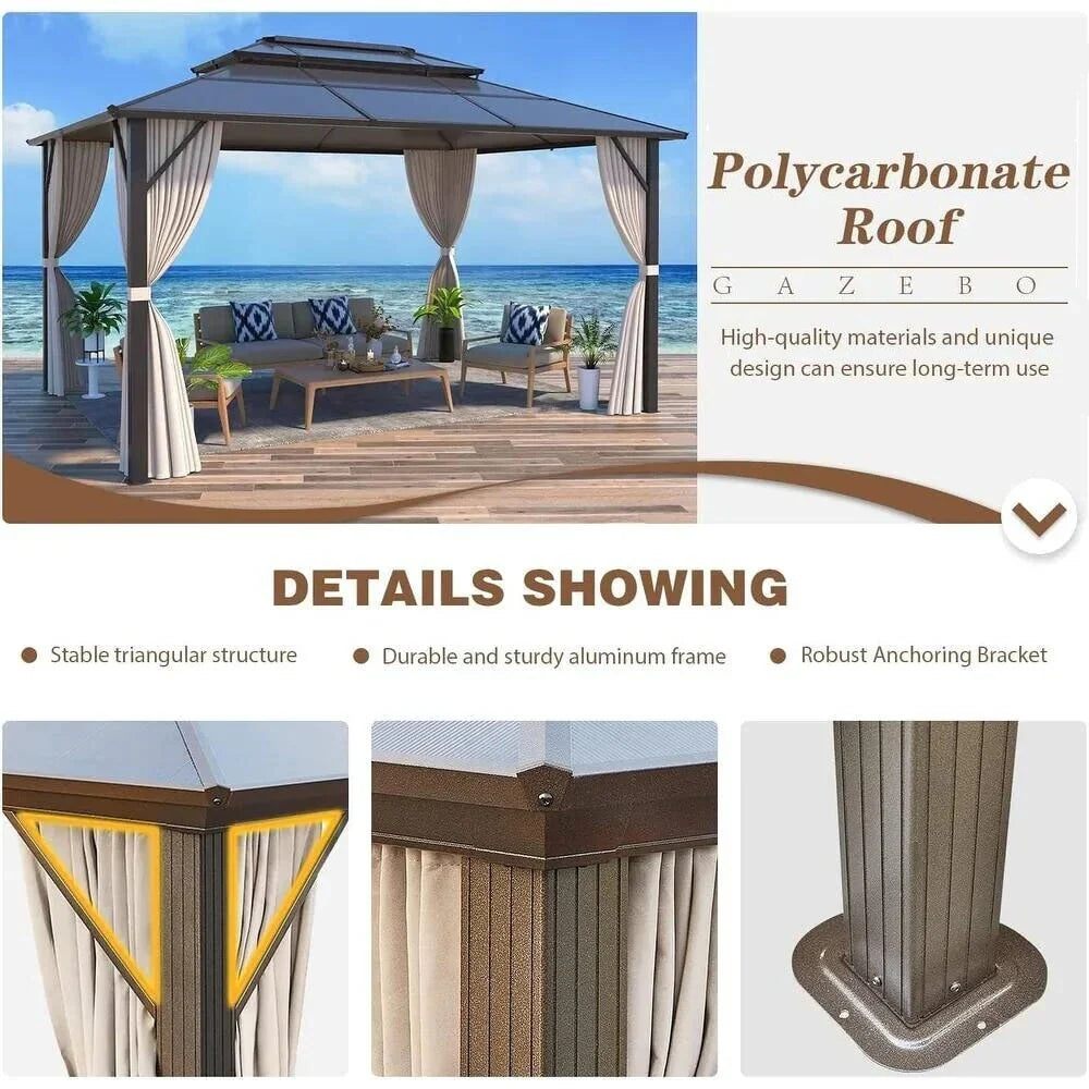 EROMMY hardtop-paviljoen, pergola voor buiten met dubbel dak, netten en gordijnen, extra stevig zonnescherm voor terras, achtertuin en zwembadfeest