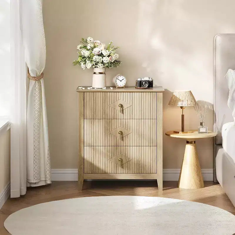Lot de 2 tables de chevet en bois cannelé, commode de 27.5 de large à 3 tiroirs, tables de chevet modernes, commode pour chambre ou salon