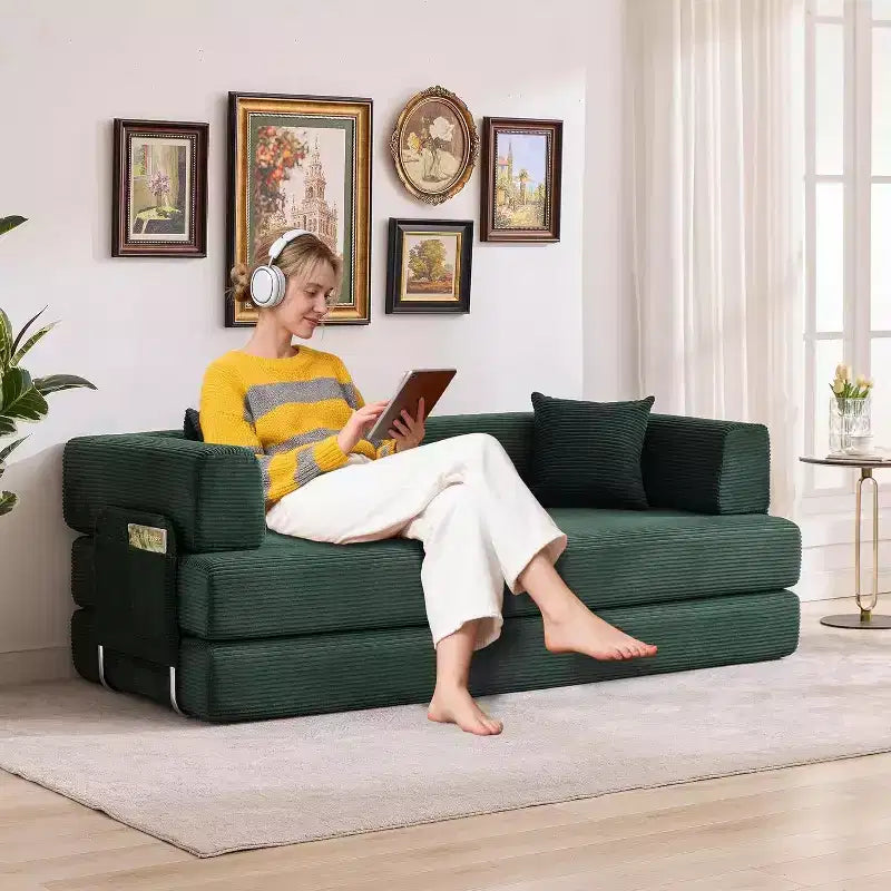 Cordsofa mit Schlaffunktion für den Boden, mit Kissen, umklappbaren Armlehnen und Rückenlehne, geeignet für Wohnzimmer, Schlafzimmer und Apartments.