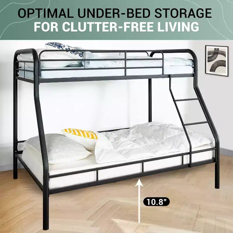 Lit superposé entièrement en métal, design sécurisé à faible hauteur avec barrières de sécurité, échelle inclinée et rangement sous le lit