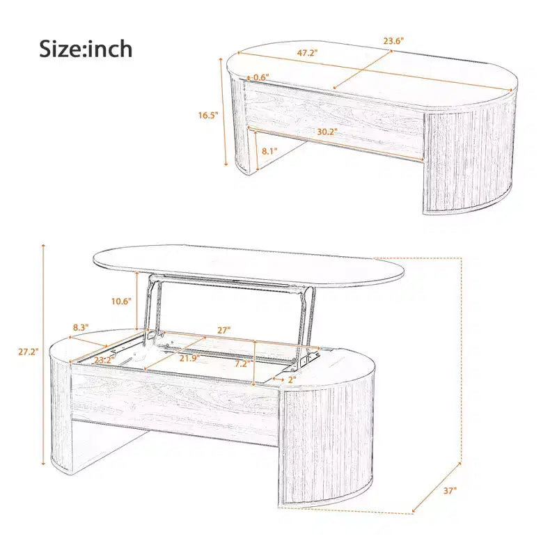 Salontafel van 47.2 met hefblad, ovale houten middentafel met verborgen opbergruimte, moderne cocktailtafel voor de woonkamer, slaapkamer of het kantoor