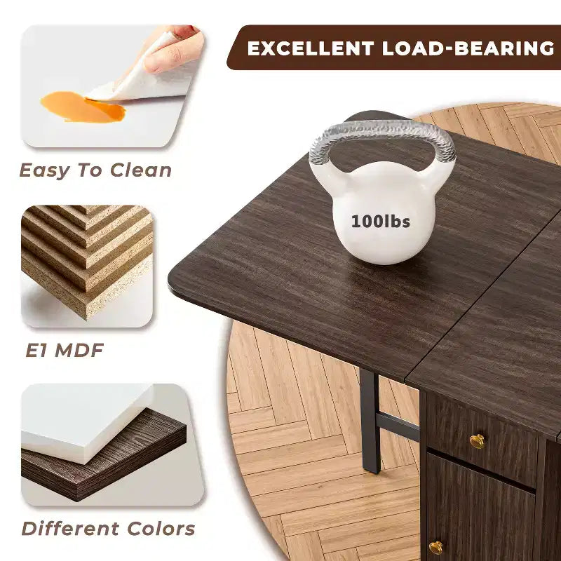 ATJafurn opklapbare eettafel van 59 inch met neerklapbare bladen voor kleine ruimtes, rechthoekige uitschuifbare houten keukentafel met wielen en opbergruimte