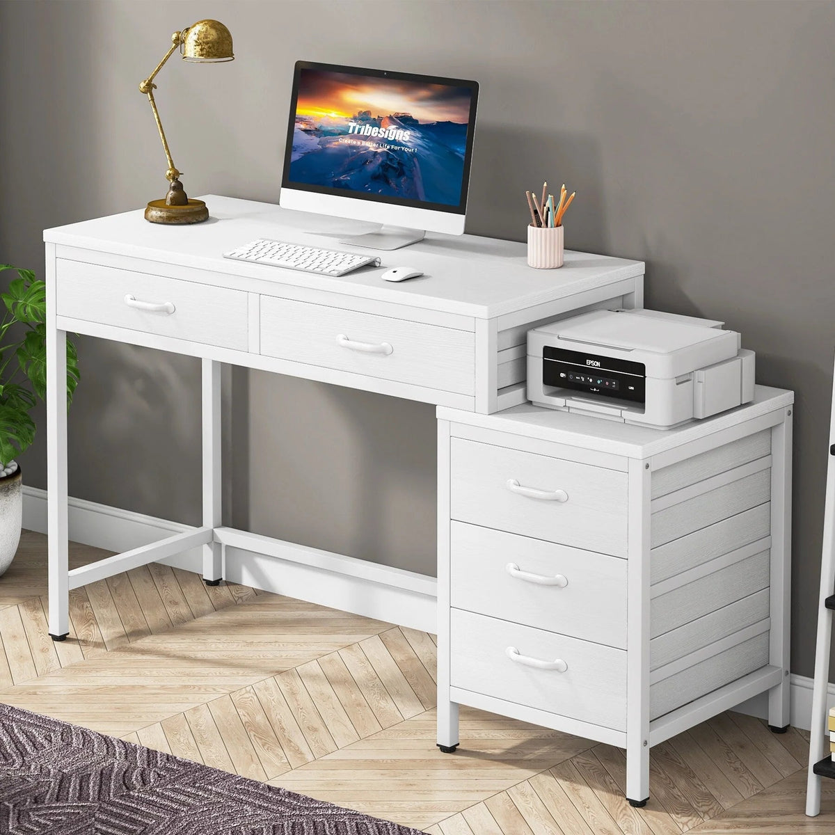 Wendbarer Computerschreibtisch mit 5 Schubladen, Schreibtisch fürs Homeoffice mit Aktenschublade und Druckerständer