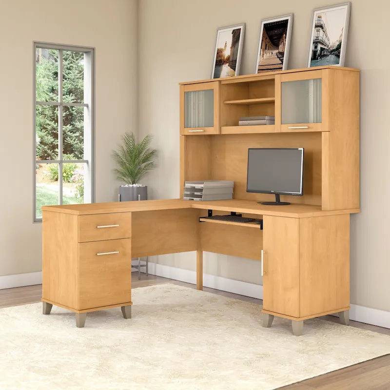Bureau Bush Furniture Somerset 60W en forme de L avec meuble de rangement supérieur