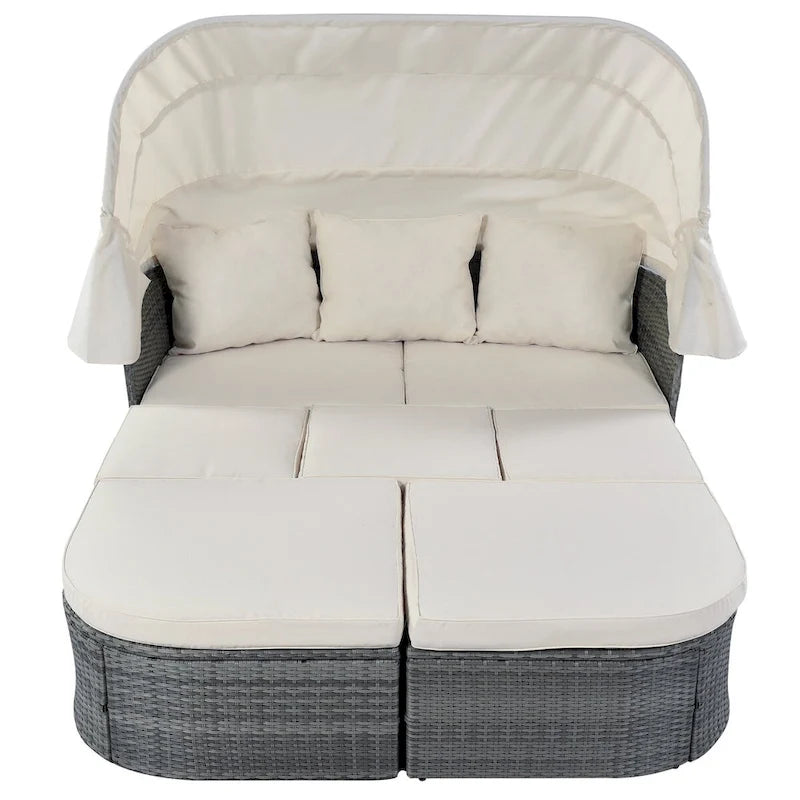 Graues Outdoor-Daybed aus Rattan mit Kissen und ausziehbarem Sonnendach