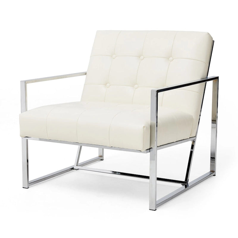 Fauteuil d’appoint Glitzhome crème de style mi-siècle moderne, revêtement en cuir PU capitonné et structure chromée, hauteur de 30.50