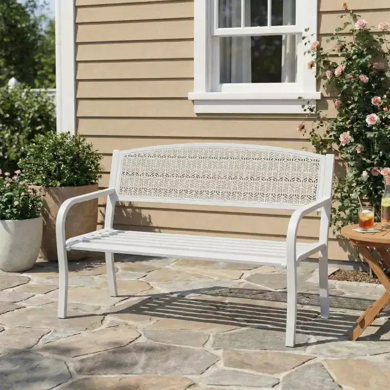 Banc d’extérieur en métal pour 2 personnes, mobilier de jardin en acier avec dossier géométrique pour patio, jardin et véranda