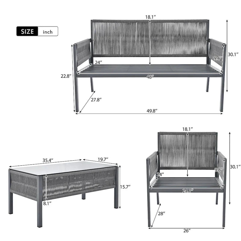 4-delige tuinmeubelset, loungeset voor buiten met tafel van gehard glas, diepe zit en dikke kussens