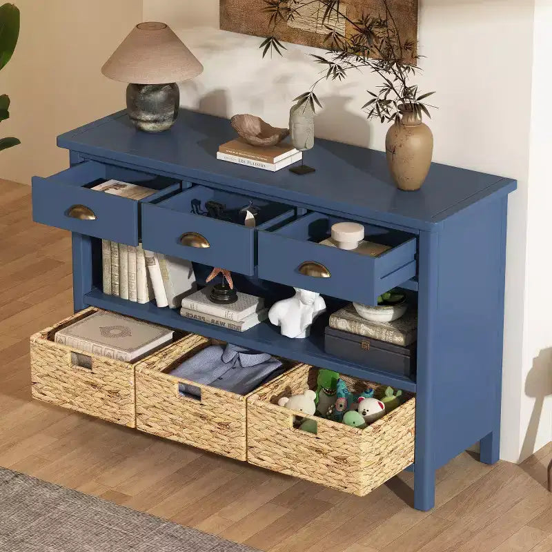 Tavolo consolle da ingresso con contenitore, tavolo da corridoio stile rustico con 3 cassetti e 3 cesti in giacinto d’acqua per soggiorno o ingresso - Panipeachy