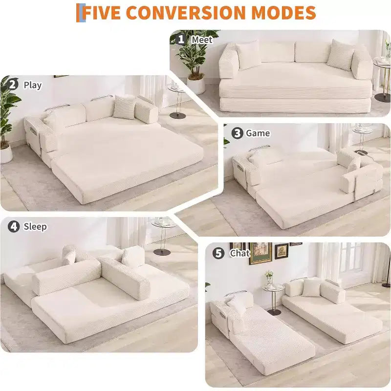 Canapé-lit convertible 5 en 1, banquette modulaire en velours côtelé de 78.8 avec cadre robuste, futon multifonction pour petits espaces, salon et chambre d’amis