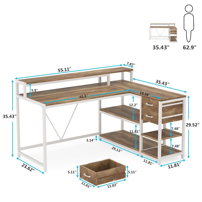 Schreibtisch in L-Form mit Schublade, Eckschreibtisch fürs Homeoffice mit Ablagefächern und Monitorständer, rustikaler PC-Schreibtisch für kleine Räume