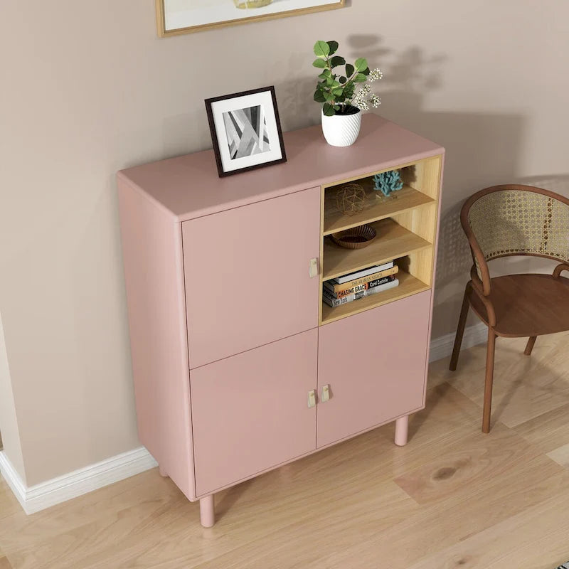 Multifunktionaler Aufbewahrungsschrank mit Tür, modernes Sideboard, Aufbewahrungsschrank aus Holz, Schubladenschrank mit Ledergriffen