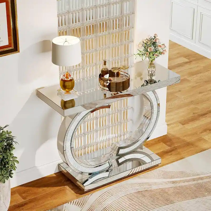 Console argentée, table d’entrée avec miroir de 39 pour l’entrée