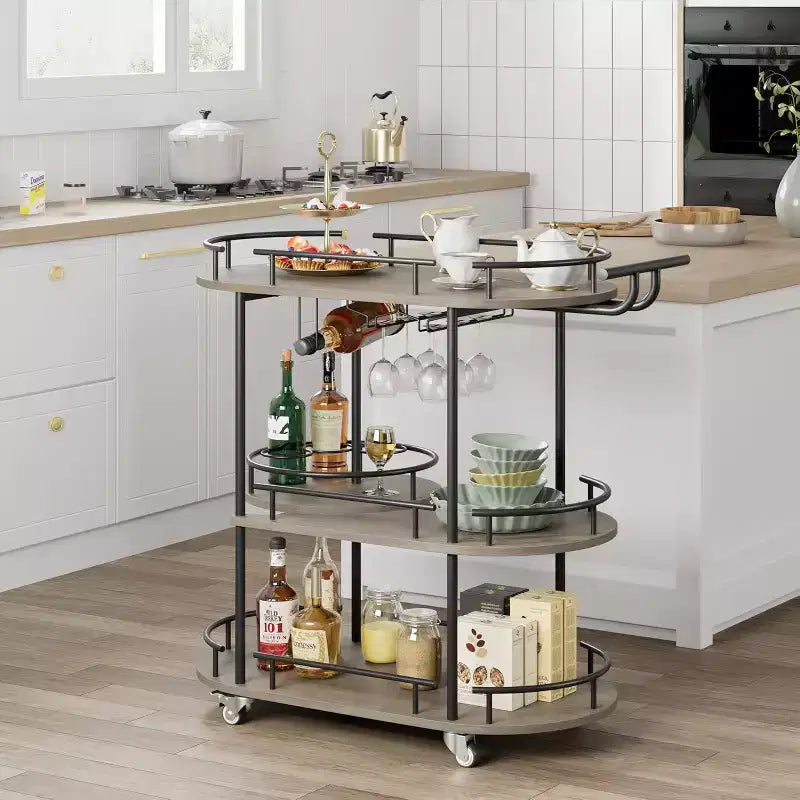 Barkarren met opbergrekken met 4 niveaus, mobiele barkarren op wielen met wijnrek en glazenhouder voor keuken, eetkamer en woonkamer