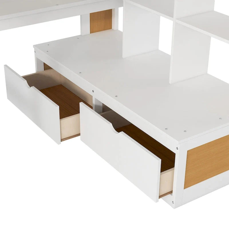 Hoogslaper van massief hout in naturel en wit, twijfelaar, met bureau en laden