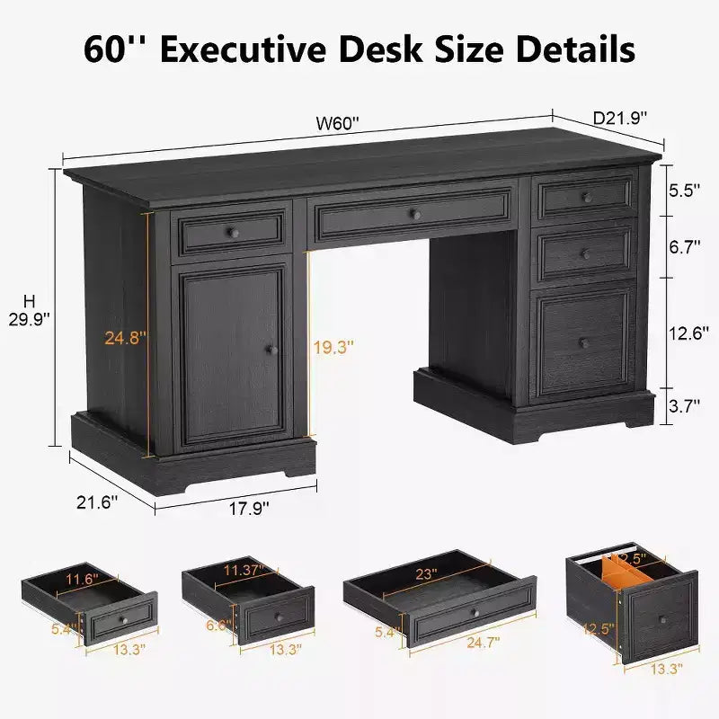 Scrivania direzionale stile rustico da 60 per ufficio domestico - scrivania in legno con cassetti e vani contenitori, scrivania rustica per lavorare o studiare