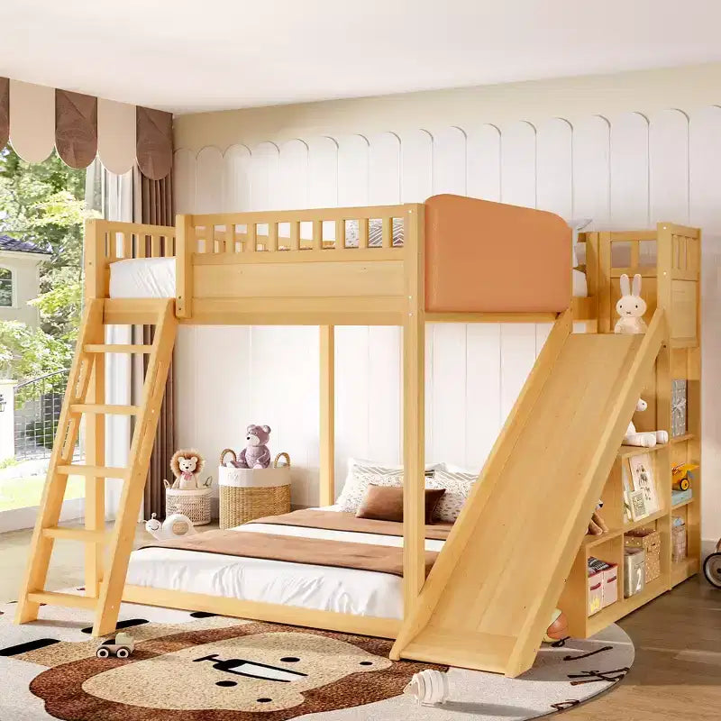 Lit mezzanine Bellemave avec tête de lit rembourrée et étagères de rangement, cadre en bois massif avec échelle et toboggan pour enfants