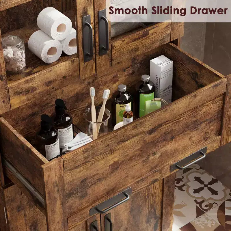 66.9 Large Bathroom Cabinet with 4 Doors, Freestanding Storage Cabinet with Glass Doors, Adjustable Shelves & Drawers for Kitchen Pantry Living Room