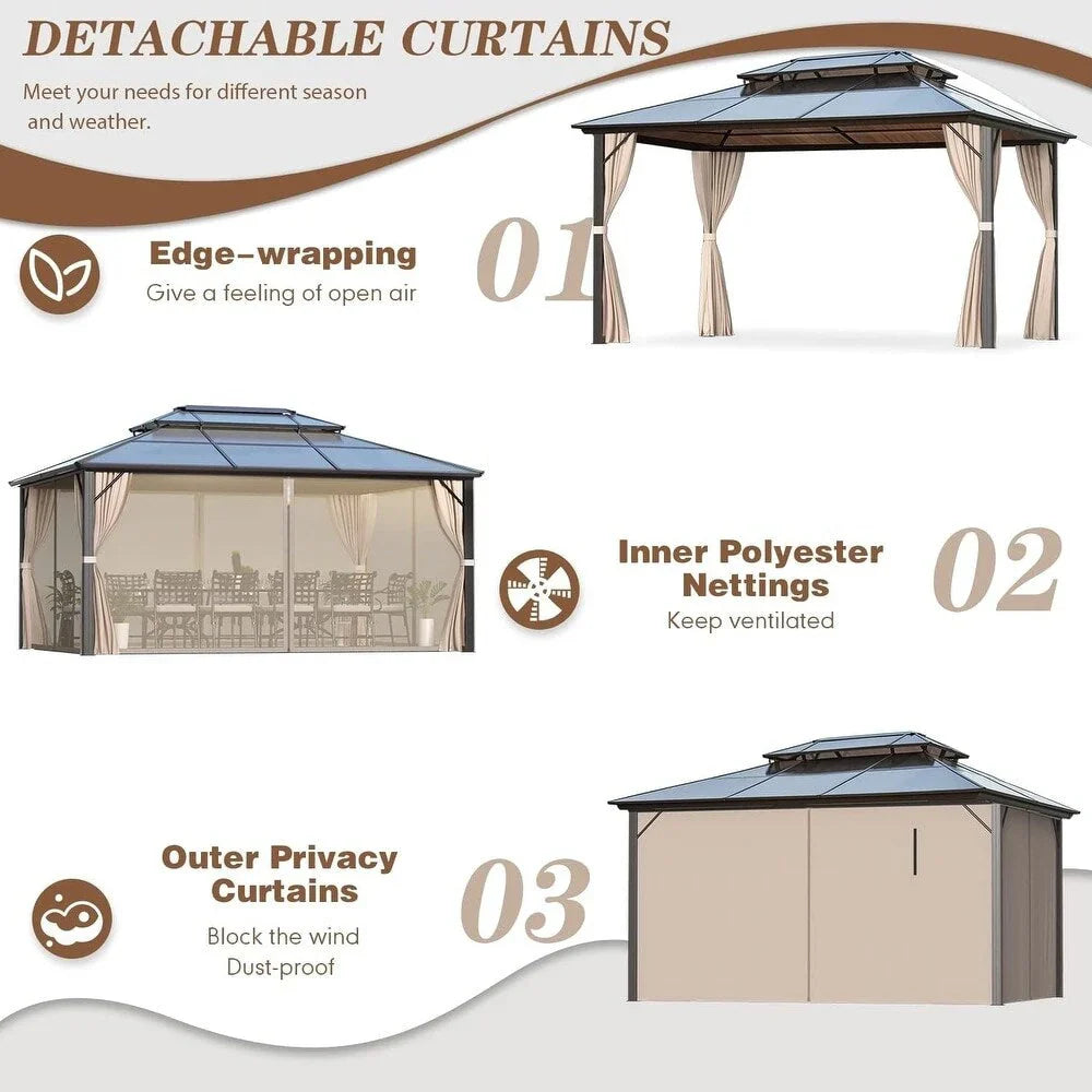 EROMMY hardtop-paviljoen, pergola voor buiten met dubbel dak, netten en gordijnen, extra stevig zonnescherm voor terras, achtertuin en zwembadfeest