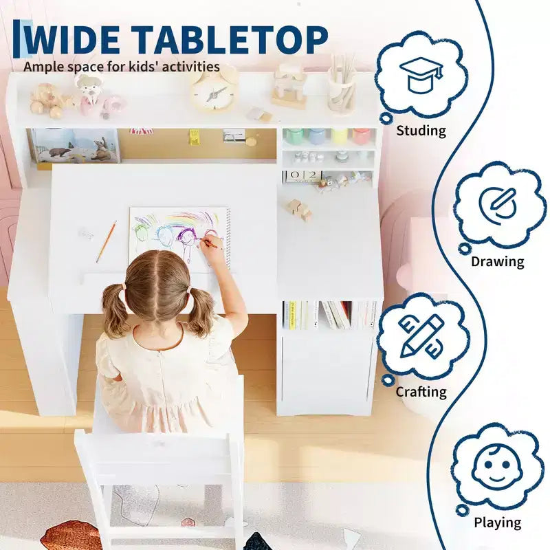 Bureau- en stoelset voor kinderen met opbergruimte, kinderbureau met opzetstuk en kantelbaar blad, houten kindertafel met opbergkast voor kinderen van 3-8 jaar