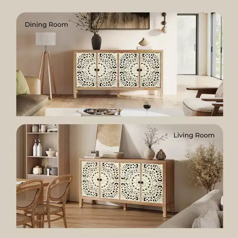 Credenza con contenitore, mobile contenitore dall'aspetto vissuto con 4 ante intagliate e ripiano regolabile, credenza decorativa in legno