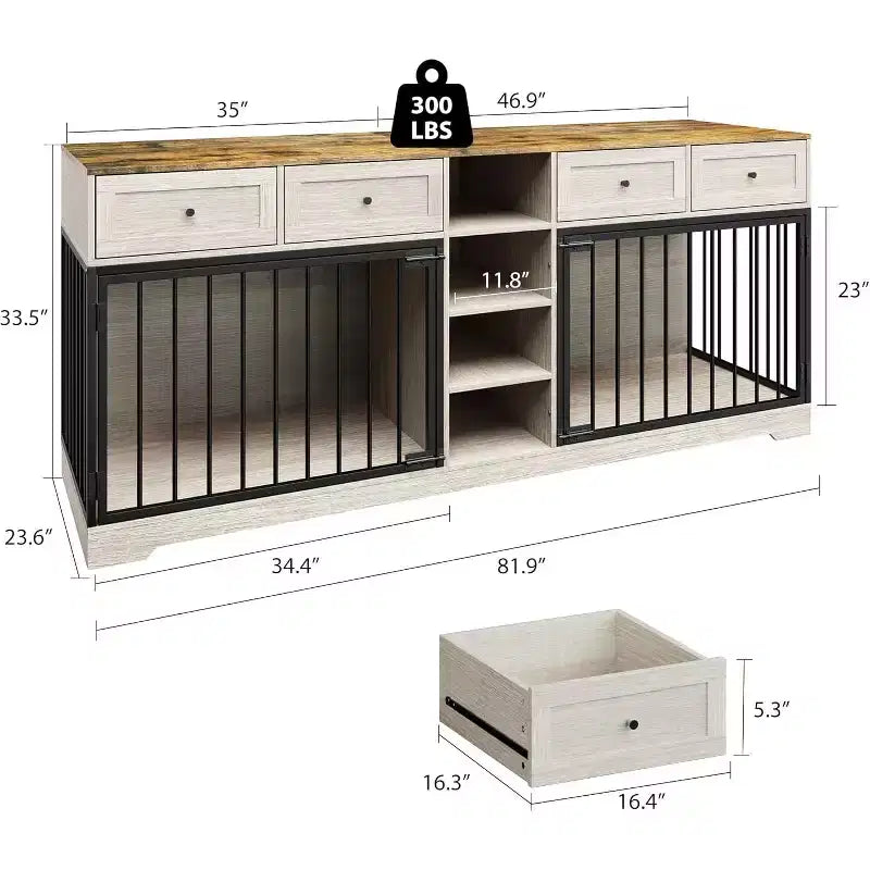 Meuble double cage pour chiens 82, grand chenil d’intérieur pour 2 chiens, cage en bois robuste faisant office de meuble TV avec 4 tiroirs et des étagères