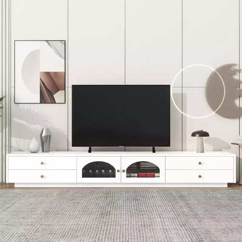 Tv-meubel voor een tv van 95 inch, extra lange mediaconsole met 2 deuren en 4 laden, grote tv-opbergkast en entertainmentcentrum met geribbelde glazen deuren