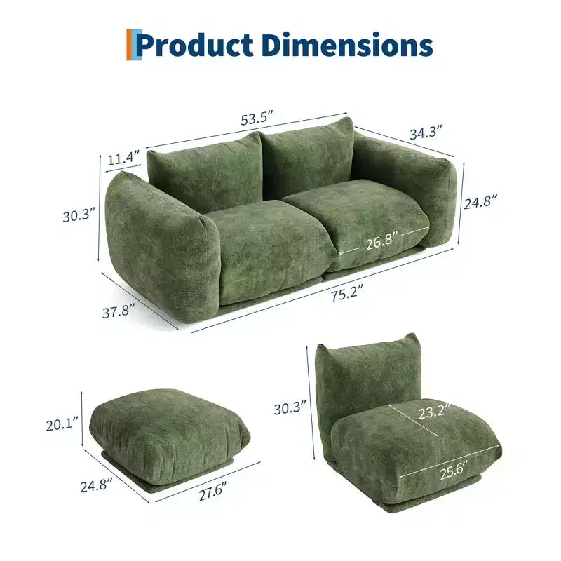 Modulares Zweisitzer-Sofa aus Chenille, Cloud-Couch mit hoch belastbarem Schaumstoff, platzsparendes Sofa ohne Gestell für Wohnung und Büro