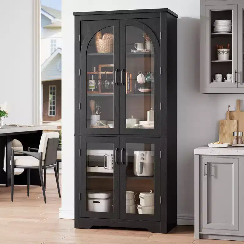 Dispensa da cucina alta 70, mobile espositivo moderno con 4 ante ad arco in vetro e ripiani regolabili, per cucina, soggiorno, sala da pranzo e bagno
