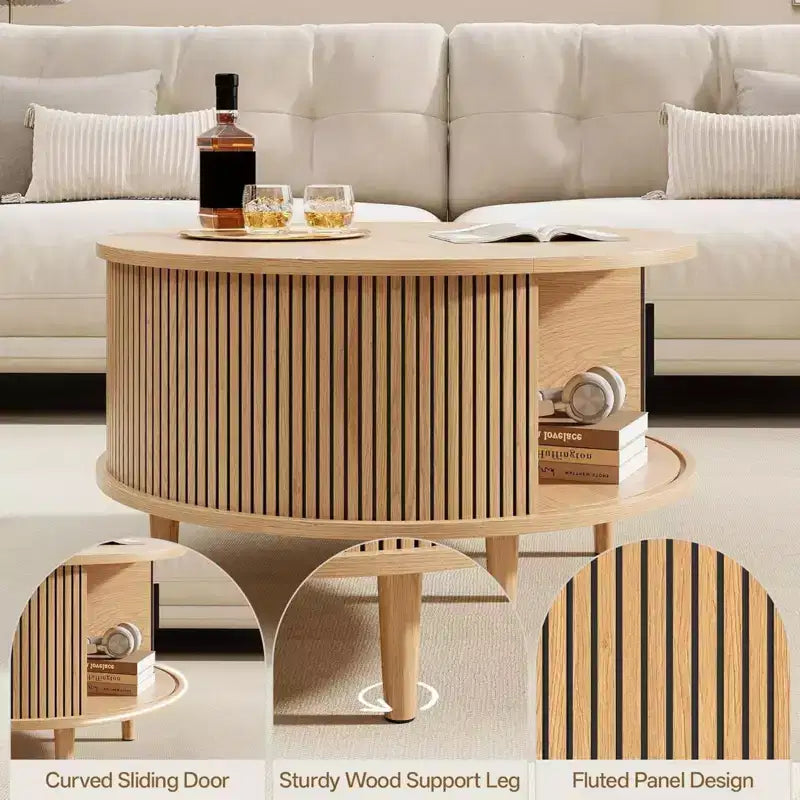 NAYSAYE ronde salontafel met opbergruimte, geribbelde middentafel van 31.5 voor de woonkamer, moderne ronde bijzettafel van walnotenhout voor kleine ruimtes