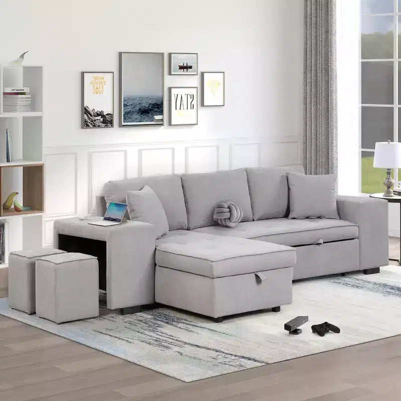 Divano componibile letto reversibile a L da 104.5 con chaise longue contenitore e 2 sgabelli - Divano letto trasformabile a 3 posti per il soggiorno