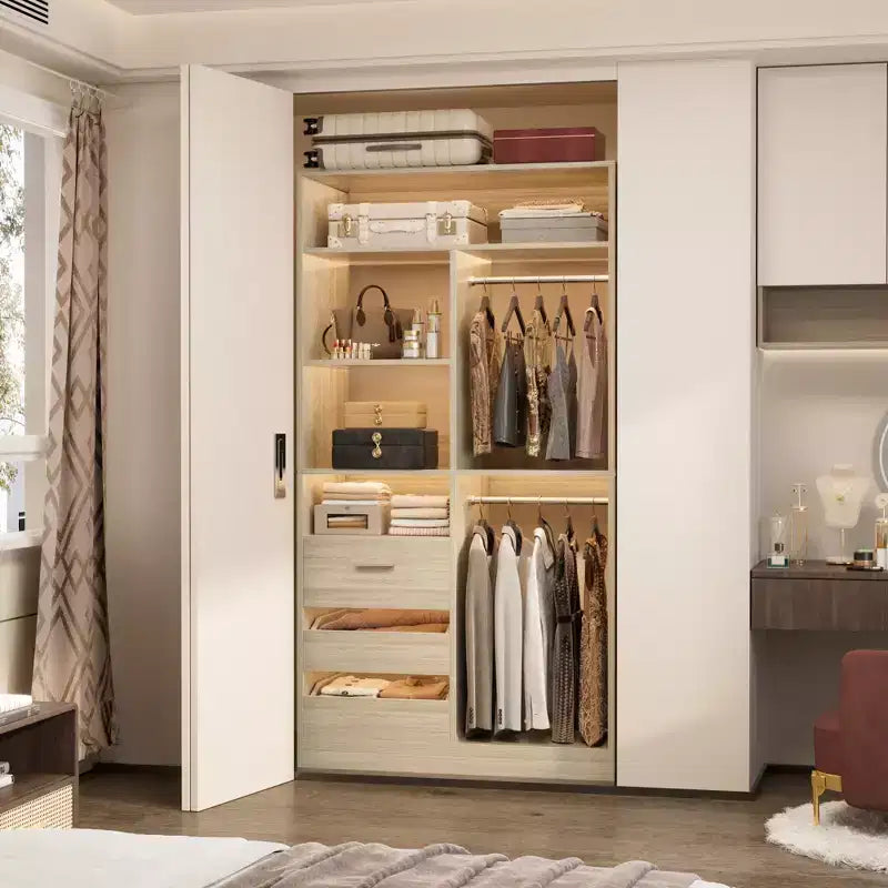 Organizer per armadio con cassetti in legno, sistema guardaroba indipendente con aste appendiabiti