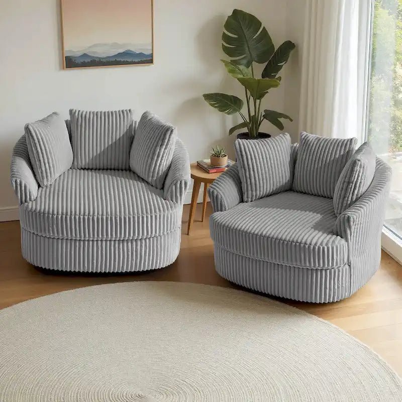 Ensemble de 2 fauteuils tonneaux pivotants extra-larges en velours côtelé moelleux de 43 W avec coussins