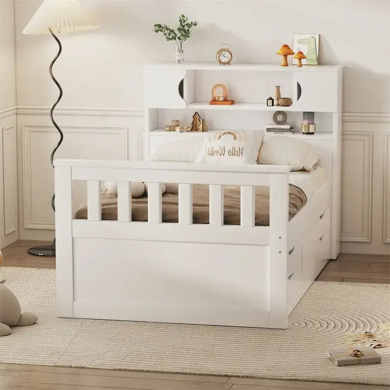 Letto a piattaforma Captain singolo/matrimoniale con 4 cassetti e ripiani contenitori, struttura in legno massello con testiera libreria contenitore