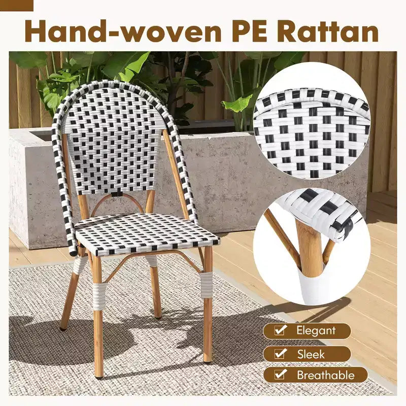 Costway Bistrostuhl-Set im französischen Stil, 4 Stück, mit handgeflochtenem Rattan und verzinktem Metallgestell, für draußen