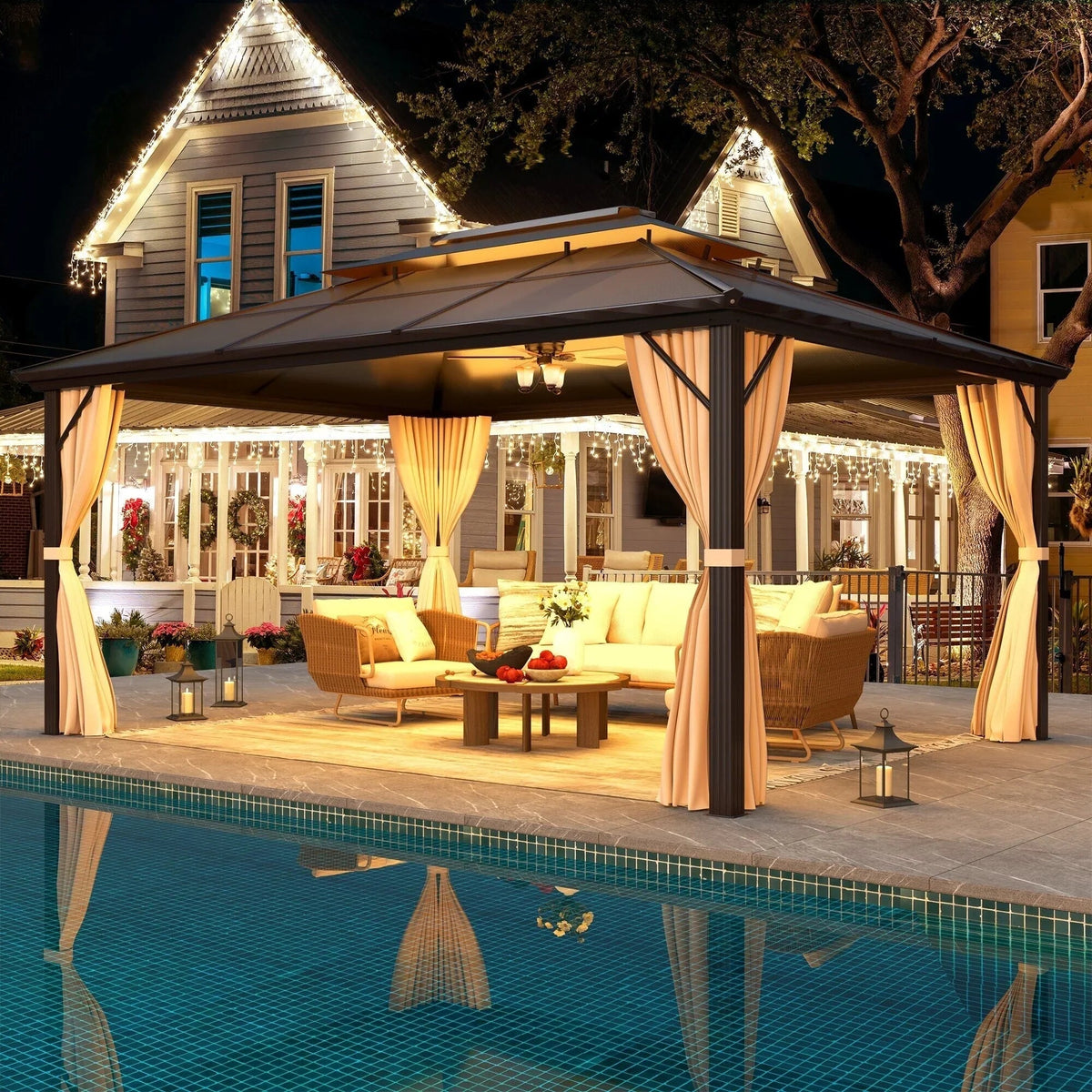 EROMMY hardtop-paviljoen, pergola voor buiten met dubbel dak, netten en gordijnen, extra stevig zonnescherm voor terras, achtertuin en zwembadfeest