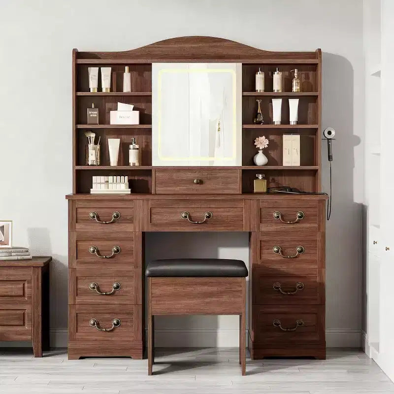 Toeletta con specchio e 10 cassetti, finitura noce, 10 ripiani e sgabello, per camera da letto, facile da montare
