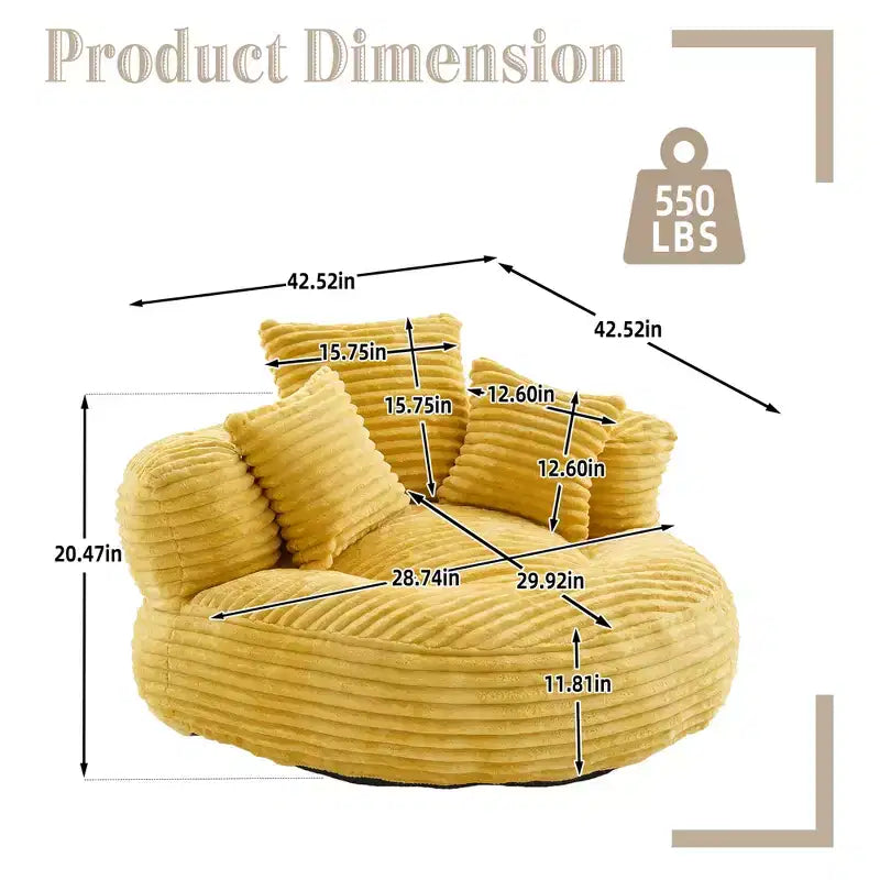 Sitzsacksofa für Erwachsene und Kinder, übergroßer Cord-Sitzsack mit 3 Kissen und Armlehnen für Wohnzimmer und Schlafzimmer - ModernLuxe
