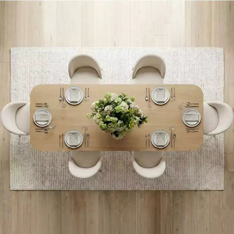Modernes ausziehbares Esszimmertisch-Set, 78-96, für 6/8 Personen, Esszimmer-Set im Japandi-Stil mit beigefarbenen Polsterstühlen, V-förmigem Bockgestell-Panipeachy