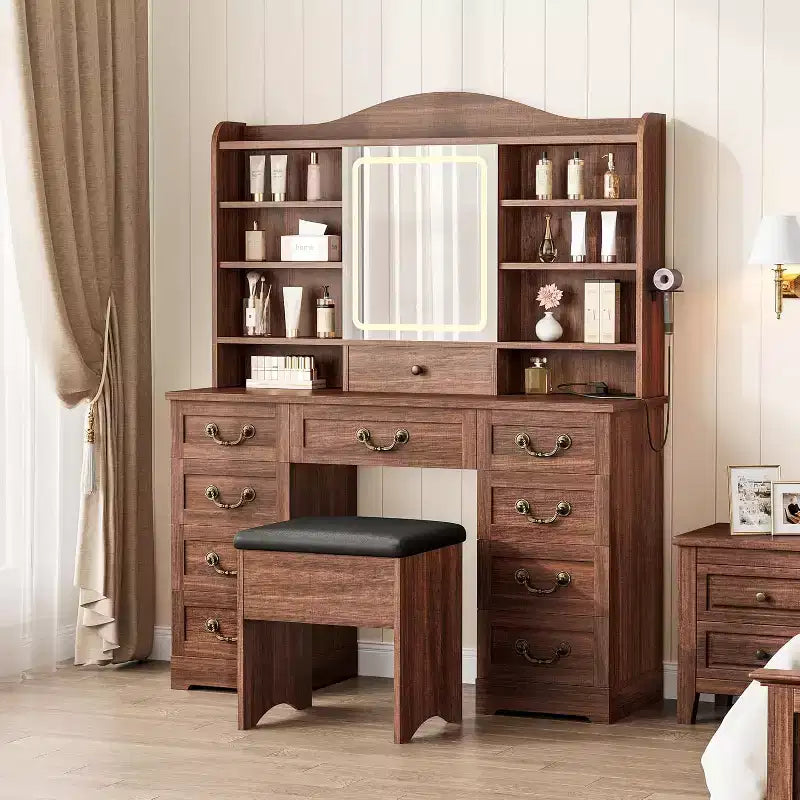 Toeletta con specchio e 10 cassetti, finitura noce, 10 ripiani e sgabello, per camera da letto, facile da montare