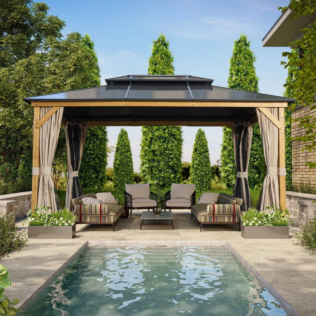 EROMMY hardtop-paviljoen, pergola voor buiten met dubbel dak, netten en gordijnen, extra stevig zonnescherm voor terras, achtertuin en zwembadfeest