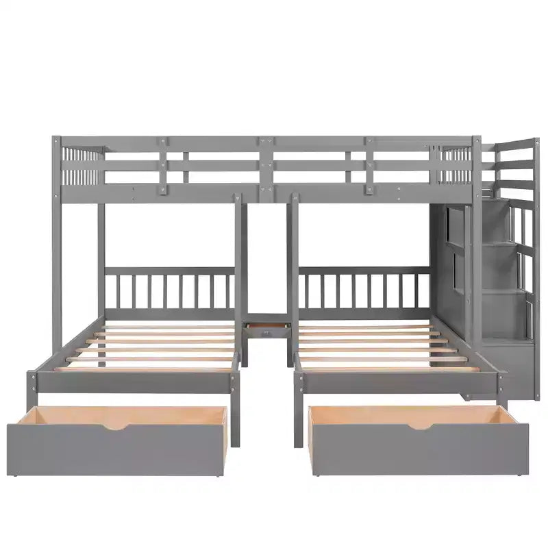 Whisen Etagenbett mit Doppelbett über Einzelbett, dreistöckiges Holzetagenbett mit Schubladen und Schutzgittern