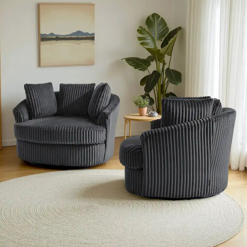 Set da 2 poltrone girevoli a botte oversize da 43 W in morbido velluto a coste con cuscini