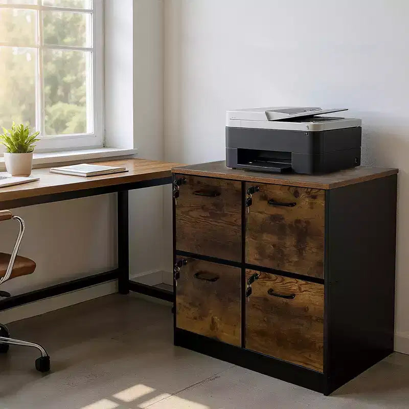 Classeur à 4 tiroirs avec serrure et support pour imprimante, meuble de classement en bois pour bureau à domicile, rangement avec rail de suspension réglable