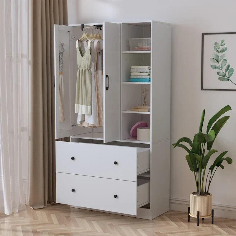Kleiderschrank mit Spiegel und verstellbarem Kleiderstangenbereich, platzsparend
