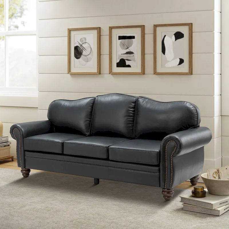 Canapé Balvino 81 pouces de style transitionnel en cuir véritable, avec accoudoirs arrondis, clous décoratifs et coussins amovibles